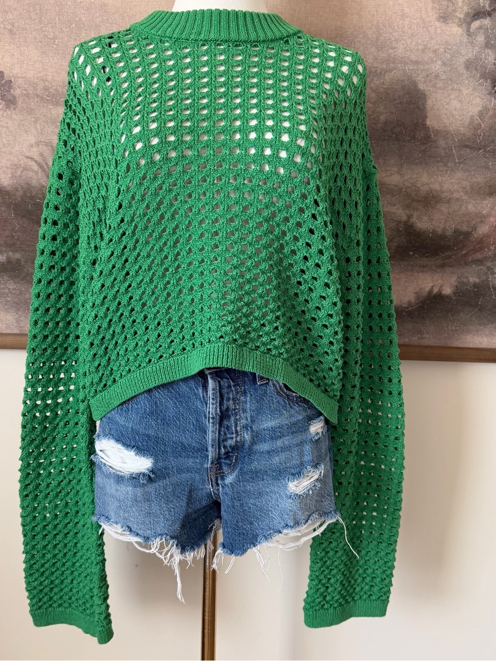 H&M Green Open-Weave Cropped Crewneck Sweater